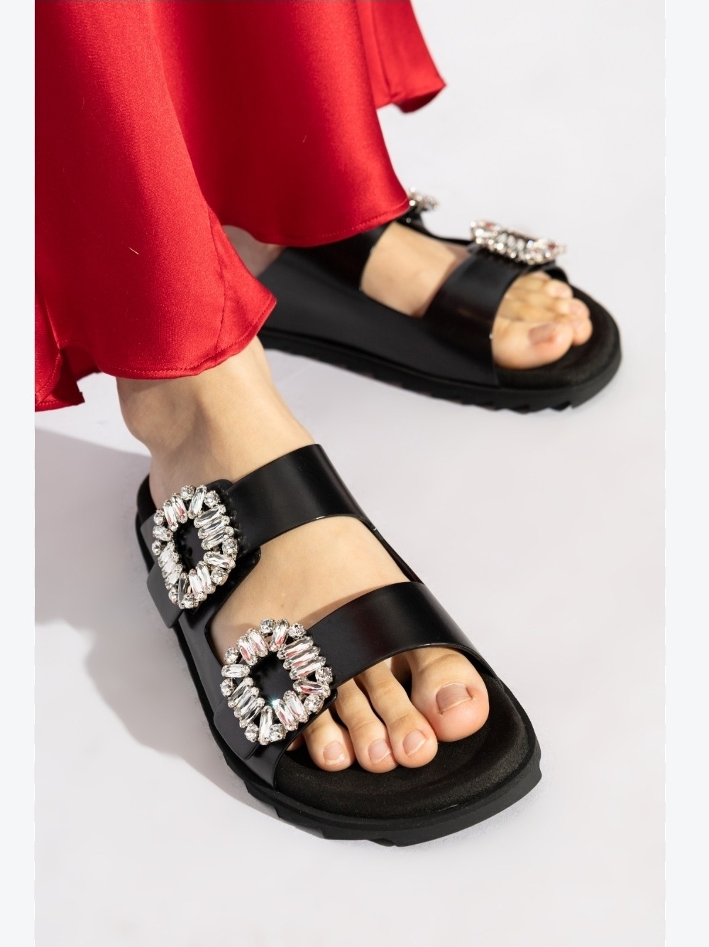 Roger Vivier Slidy Viv' Crystal-Embellished Leather Slide Sandals in black 38